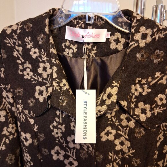 NEW Women’s Elegant Pea Coat Brown Cream Floral Lined Trench Coat ¾ Sleeve 12 L - Picture 9 of 10